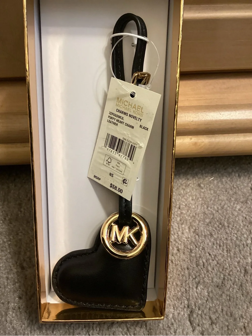 Michael Kors Black Leather Heart Charm with Gold MK Badge